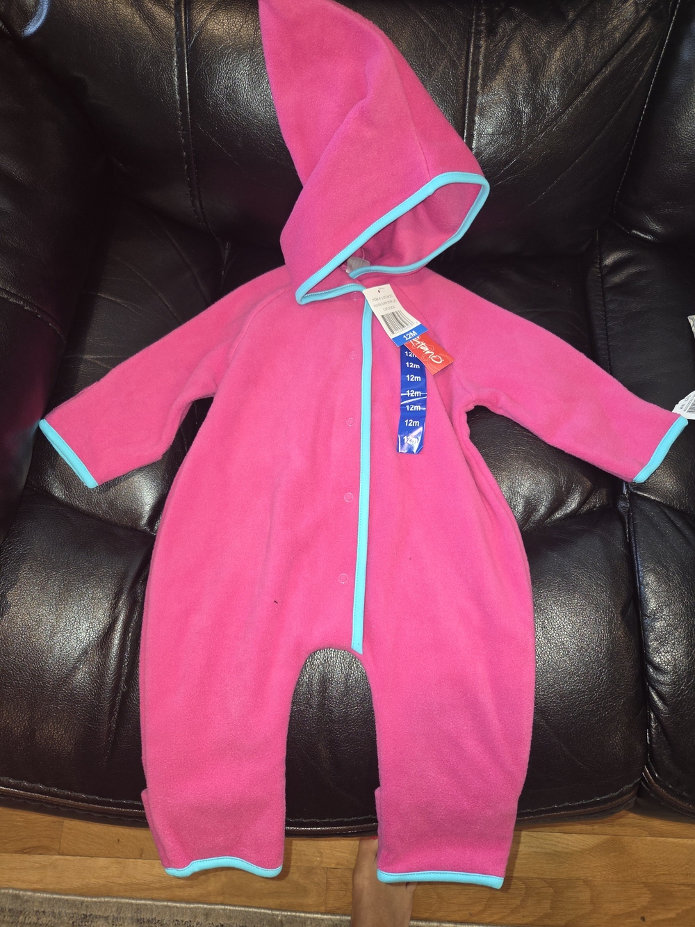 Kids Pink Hooded One-Piece Fleece Romper with Blue Trim